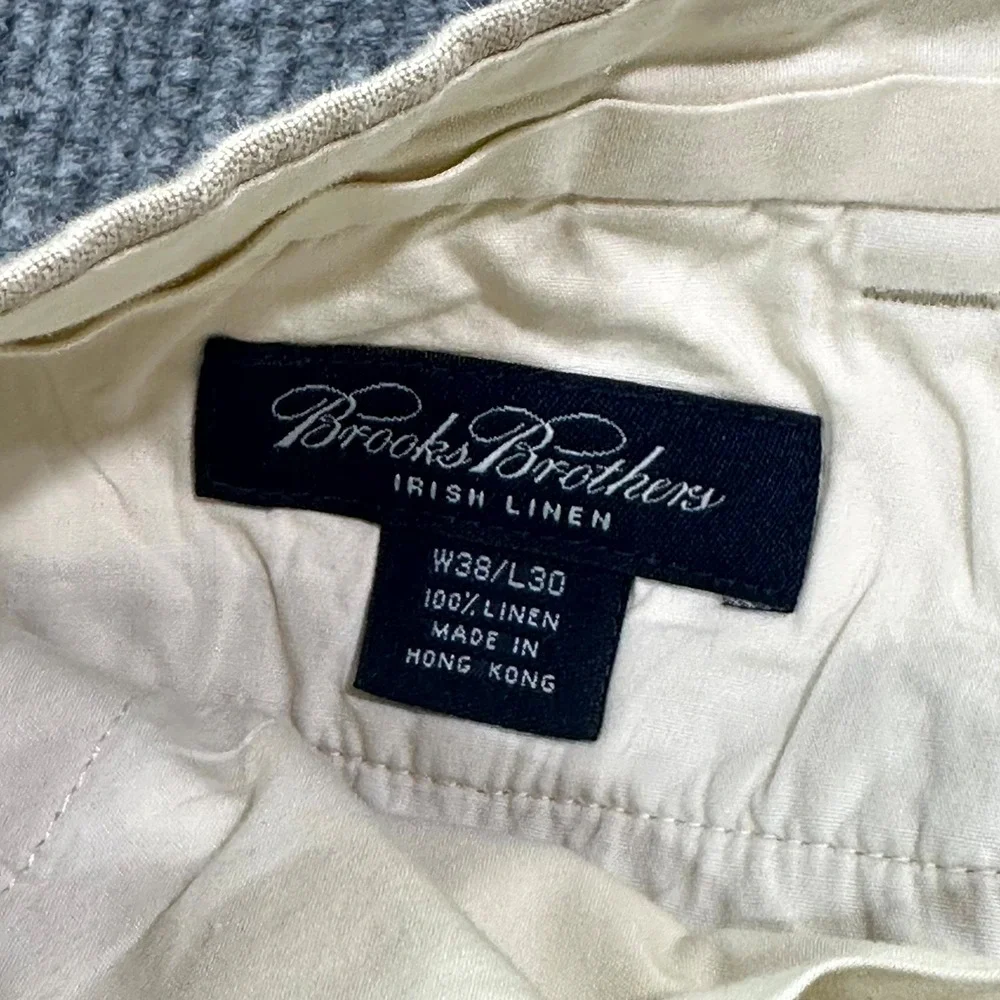 Brooks Brothers Irish Linen Pants Mens 38x30 Beige Khaki Flat Front Trousers